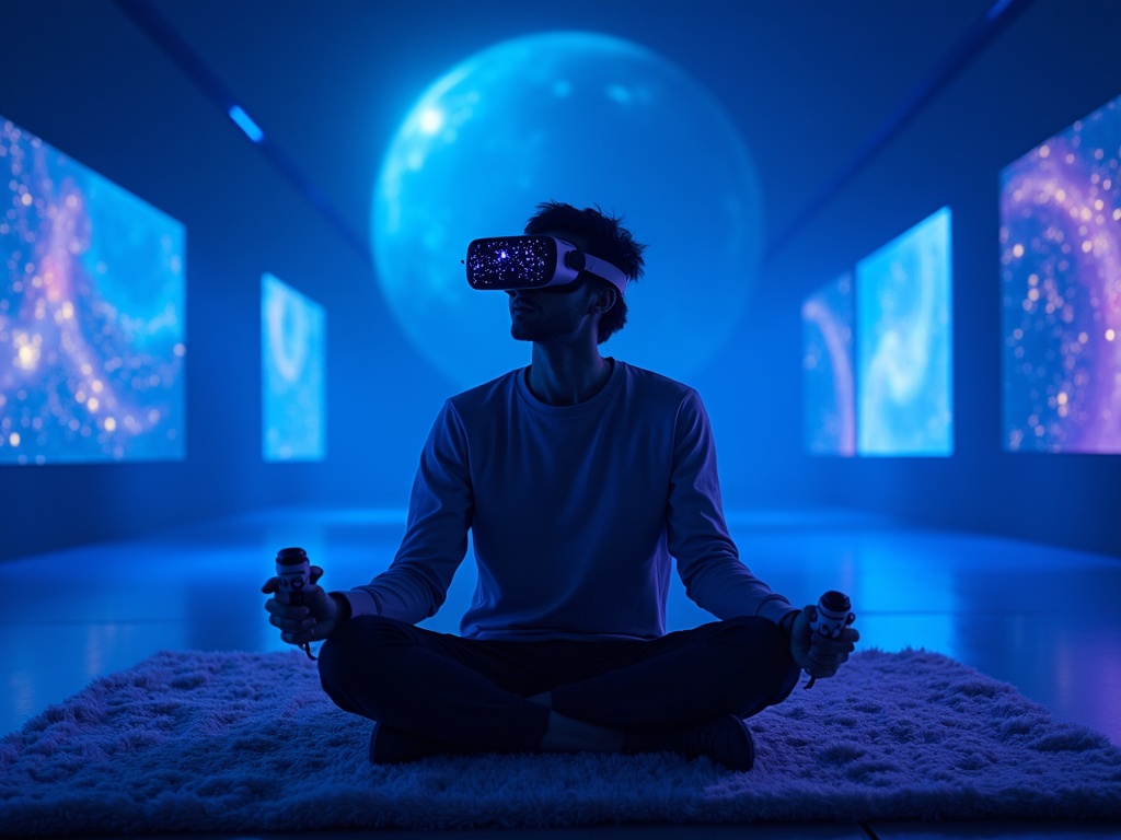 Soporte VR AMVR sosteniendo un visor Meta Quest 3 en un escritorio de gaming.