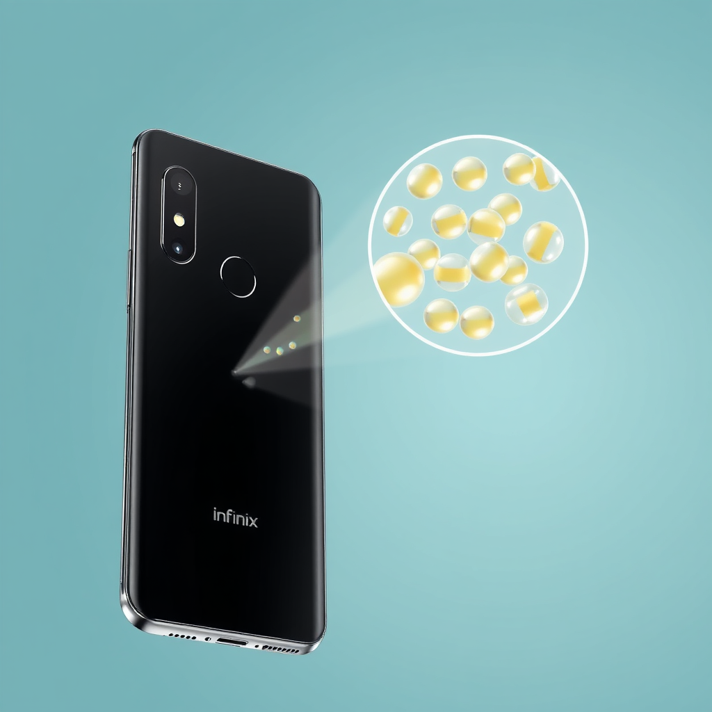 Conceptual diagram of microencapsulation technology in Infinix scented phone back panel, showing tiny capsules releasing fragrance molecules.