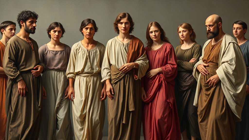 Allegorical scene of young people in durable chore-coats and simple garments engaged in mending, gardening, and sharing in a timeless courtyard