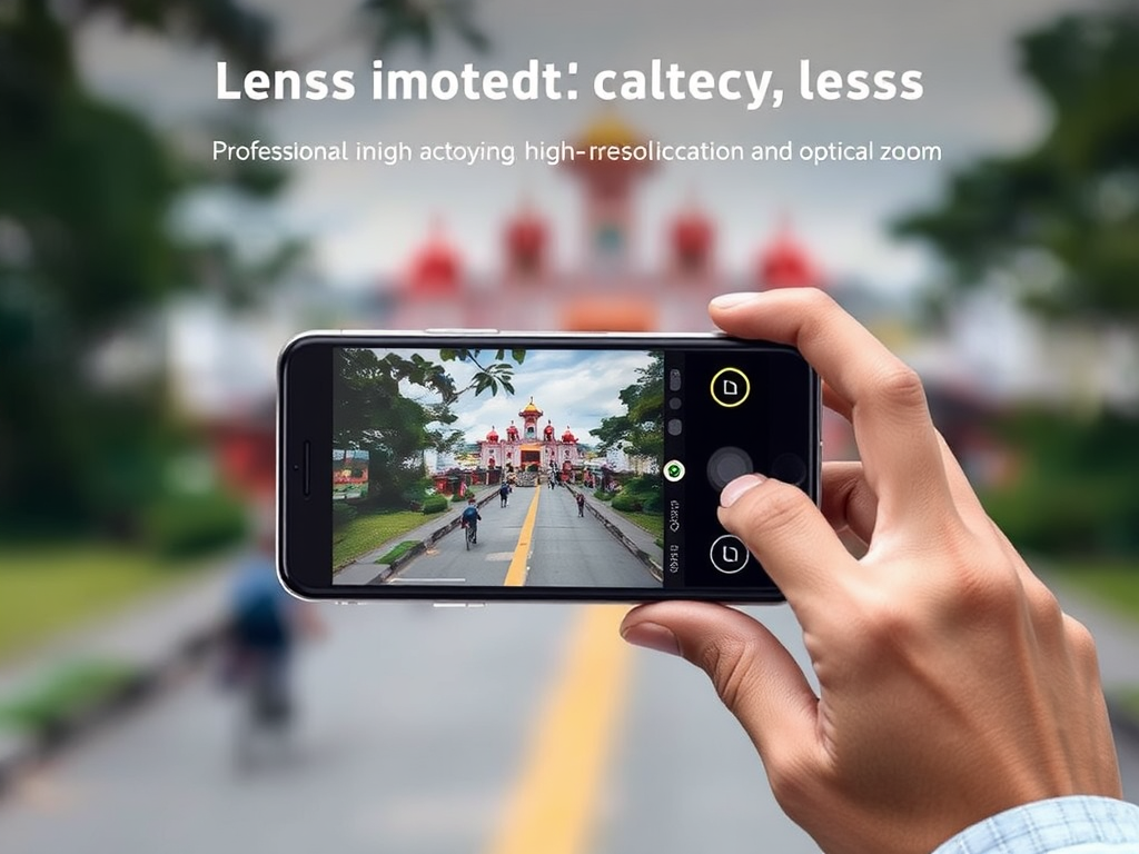 فردی در حال گرفتن عکس حرفه‌ای با گوشی هوشمند خود، با لنزهای پیشرفته دوربین که به وضوح در طراحی گوشی ادغام شده‌اند، نشان‌دهنده آخرین اخبار گوشی هوشمند در عکاسی موبایلی