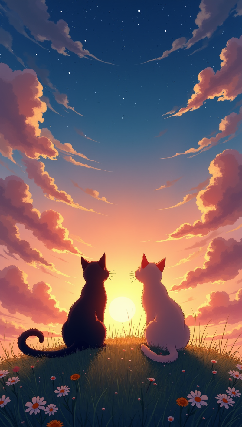 Peaceful Sunset Cats Flower Hill
