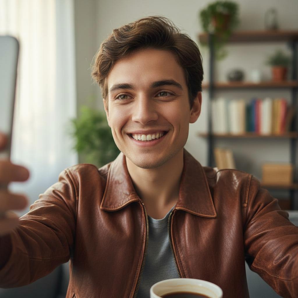 Make the person in the image wear a vintage brown leather jacket.