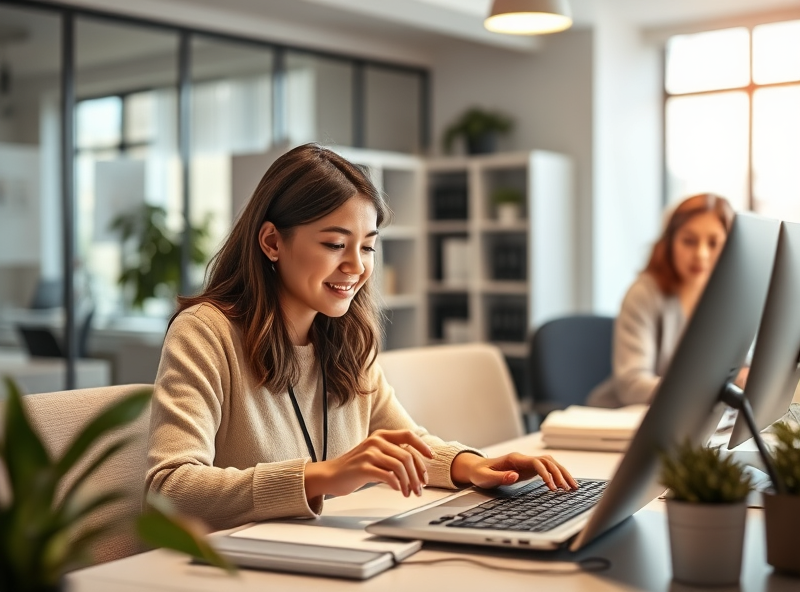 A caring social worker works diligently on ensuring the accuracy of vital information in the SNAP system, supported by a friendly team in a peaceful office space.