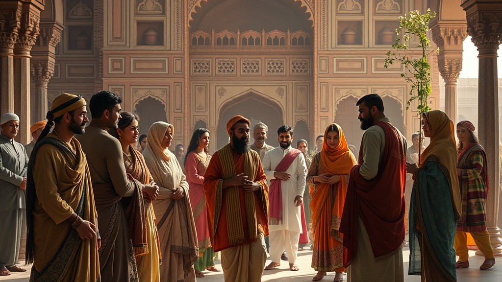 무굴 제국의 종교적 관용과 문화적 풍요를 주제로 한 은유적 장면