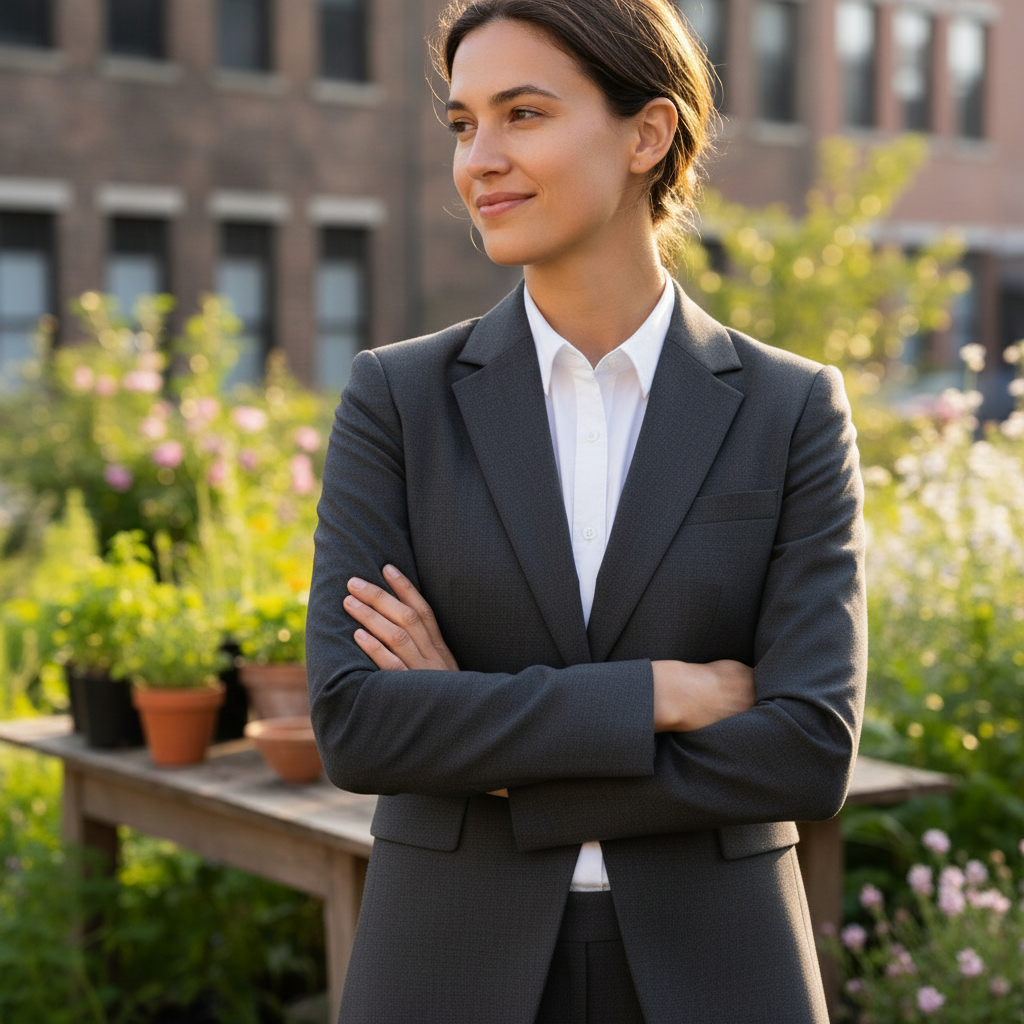 Change the person's clothes to a formal business suit, keep the background and face the same.