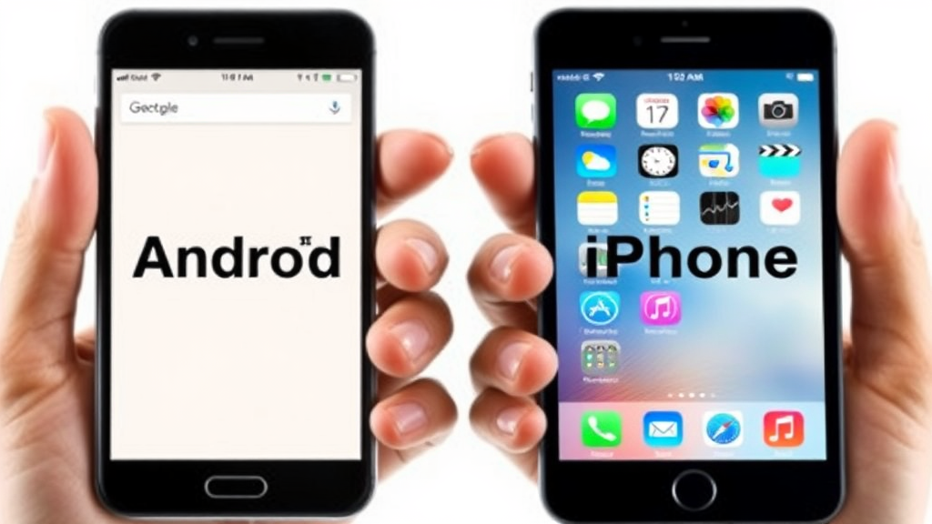 تصویر دو دست که یک گوشی اندروید و یک آیفون را در دست دارند، نشانگر بررسی گوشی‌های موبایل و انتخاب سیستم عامل