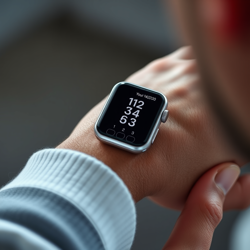 A person looking at a smartwatch screen with a complex authentication process, showing numbers and a small keypad, including the focus keyphrase Microsoft Authenticator