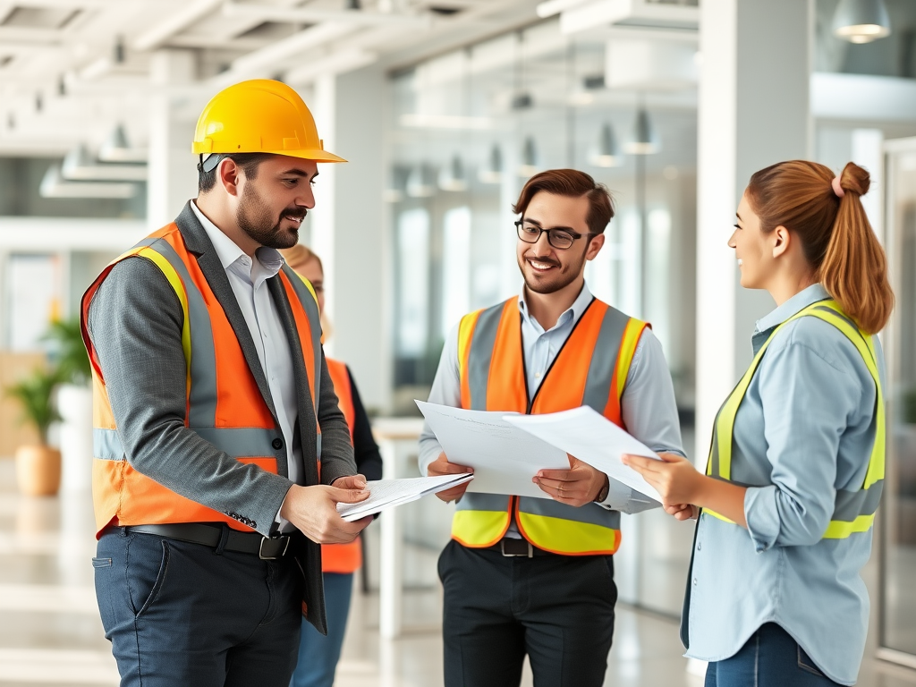 Professional construction recruitment team meeting with construction manager, showing teamwork and staffing solutions in modern office setting