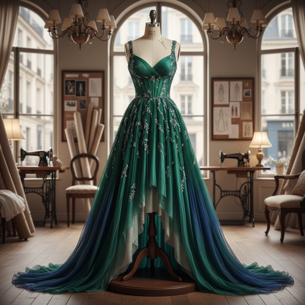 A composite image showing a woman from one photo wearing a dress from another photo.
