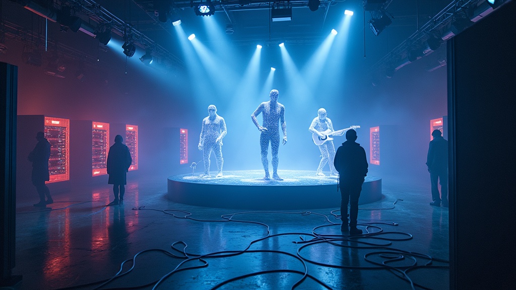 Representación artística de la lucha de los músicos contra los fraudes con IA en la música y la violación de sus derechos de autor.