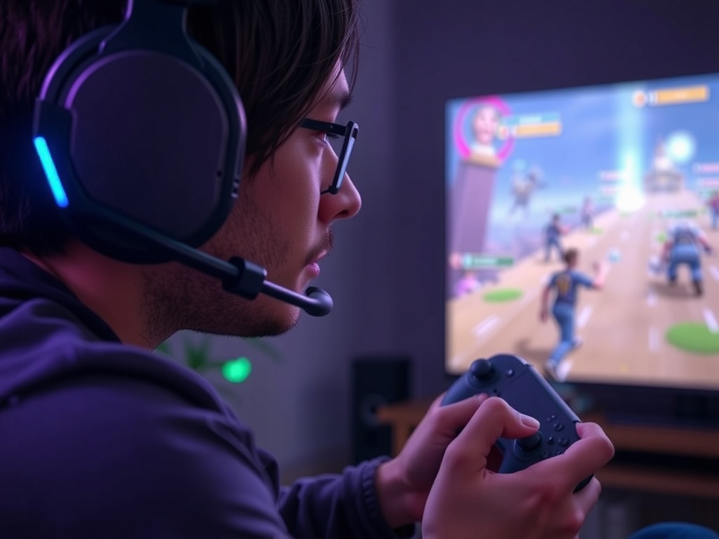 گیمری که با هدست و کنترلر پرو در حال بازی با نینتندو سوییچ ۲ است