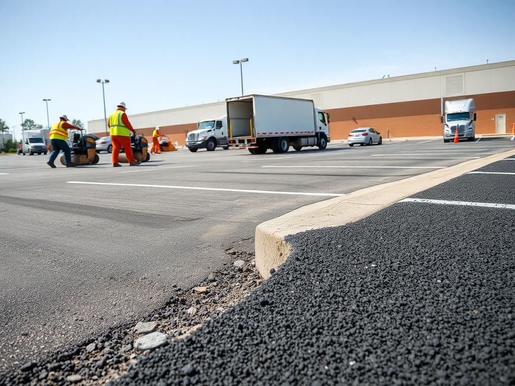Construction team reinforcing the edge of a commercial asphalt lot with heavy equipment and compacted aggregate showing before-and-after contrast of damaged and newly paved edges.