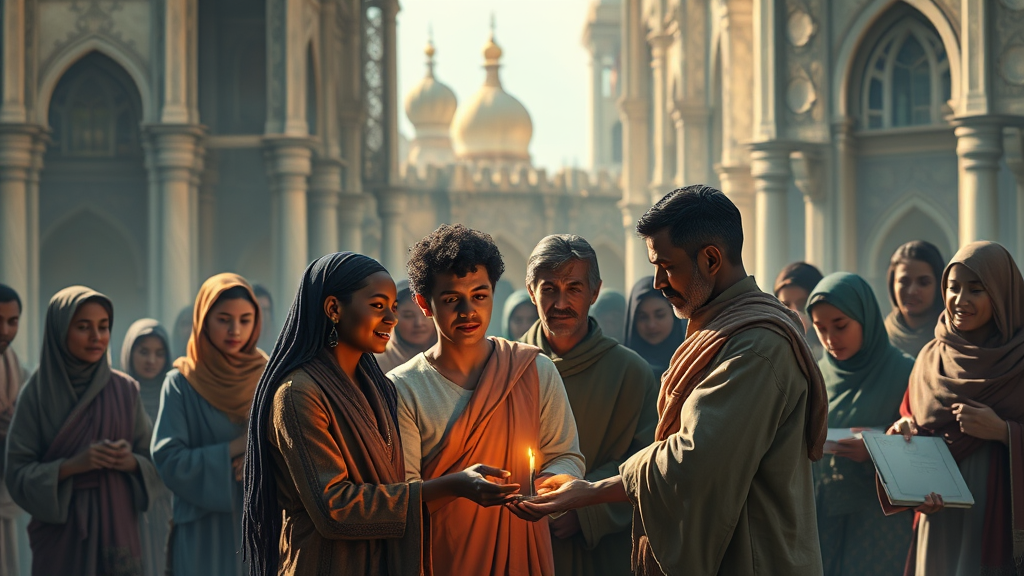 사회 기여와 자선 활동을 표현한 상징적 장면