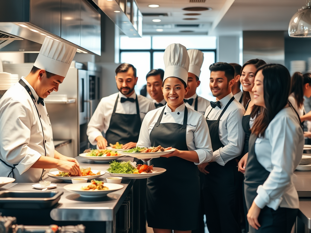 Professional catering staff working in restaurant kitchen