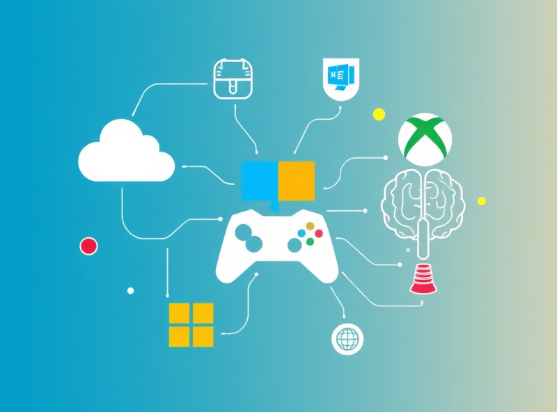 A dynamic graphic representing Microsoft's diverse business areas. Show interconnected icons or symbols for cloud computing (Azure), productivity software (Microsoft 365), gaming (Xbox controller), and AI (stylized brain or network). The style should be modern, energetic, and visually link these different segments together, perhaps using Microsoft's brand colors (blue, green, yellow, red) in a cohesive design.
