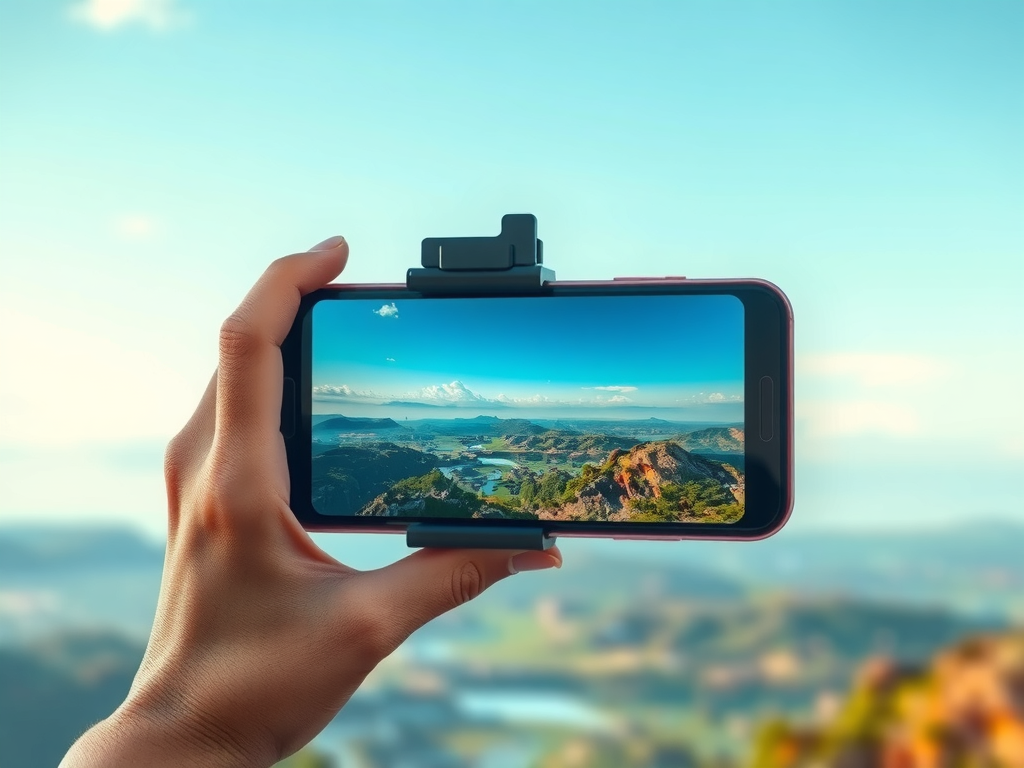 تصویری واقع‌گرایانه و با کیفیت بالا از یک صفحه نمایش گوشی هوشمند که یک عکس برنده از یک مسابقه عکاسی موبایل را نشان می‌دهد، با یک جام یا جایزه در پس‌زمینه. این عکس نمادی از جوایز عکاسی و موفقیت در رقابت بین‌المللی است.