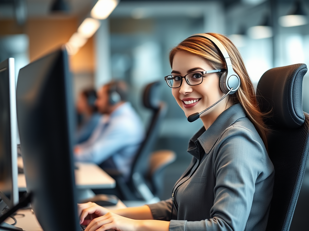 Cheap Live Phone Answering Service 1 Professional customer service representative with headset answering calls in a modern call center environment