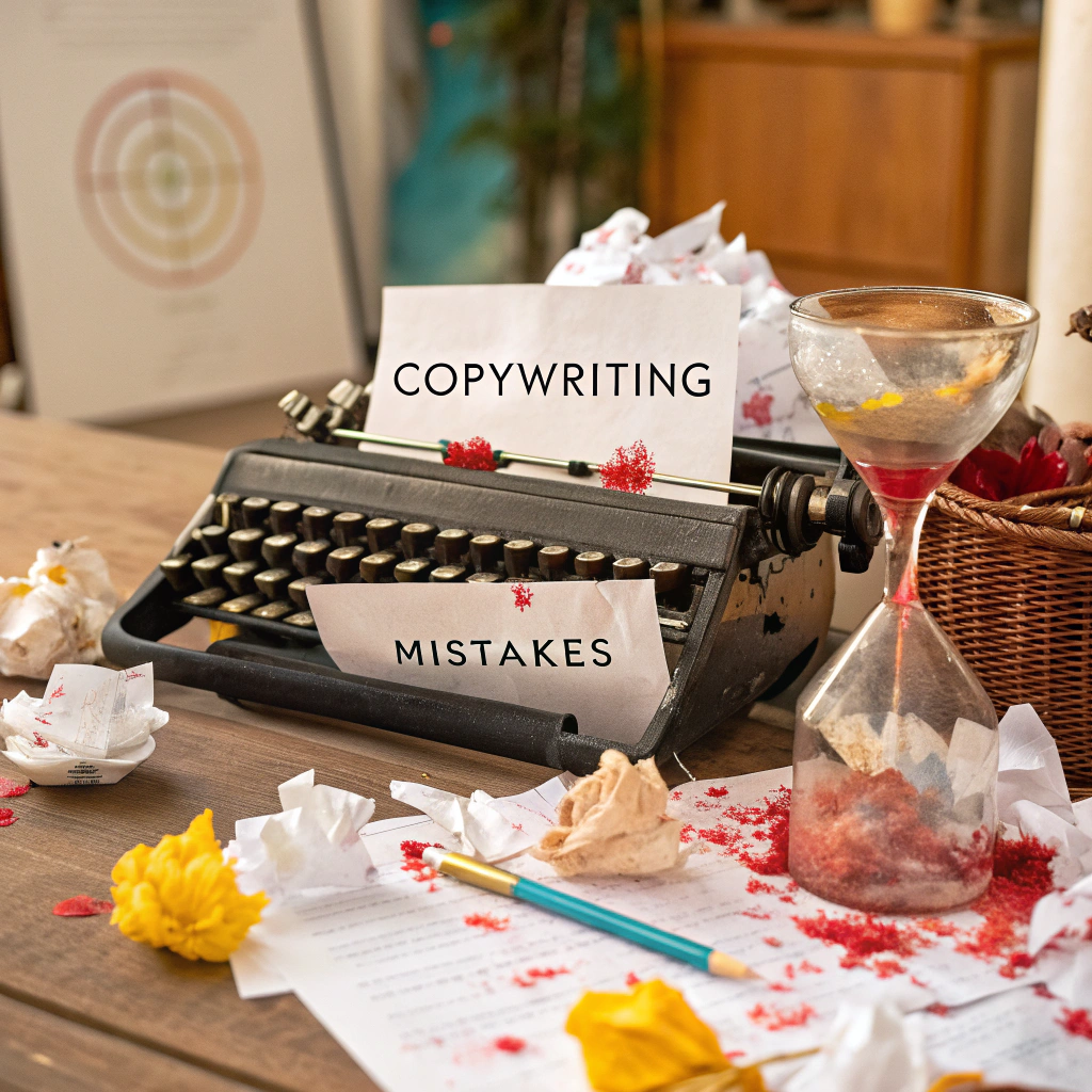 Poprawiony błędy w copywritingu: Maszyna do pisania z zgniecionymi papierami i atramentem, symbolizująca frustrację i typowe błędy w copywritingu.