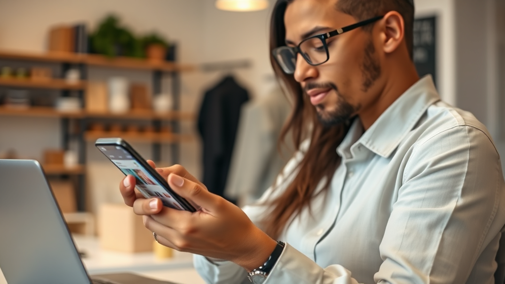 A small business owner using a smartphone to manage their online store, highlighting the impact of smartphone news on small businesses.