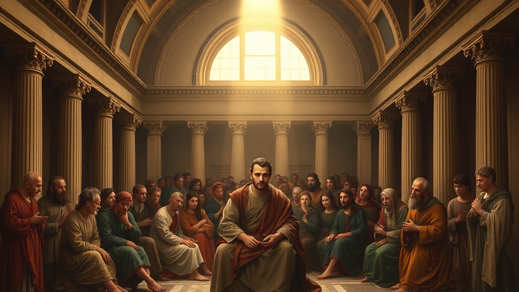 고요한 홀에서 결단하는 중심 인물과 기록물들이 놓인 테이블