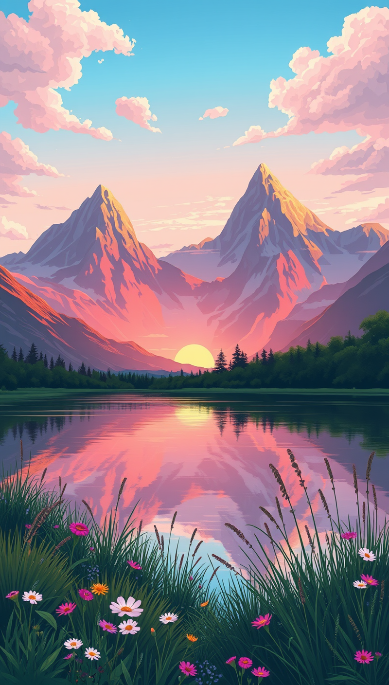 Majestic Mountains Sunset Lake Landscape