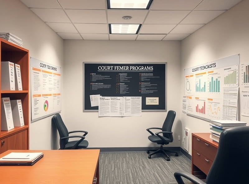 A detailed office setup focused on court fee waiver programs, portraying a precise and calculated approach to navigating legal procedures.