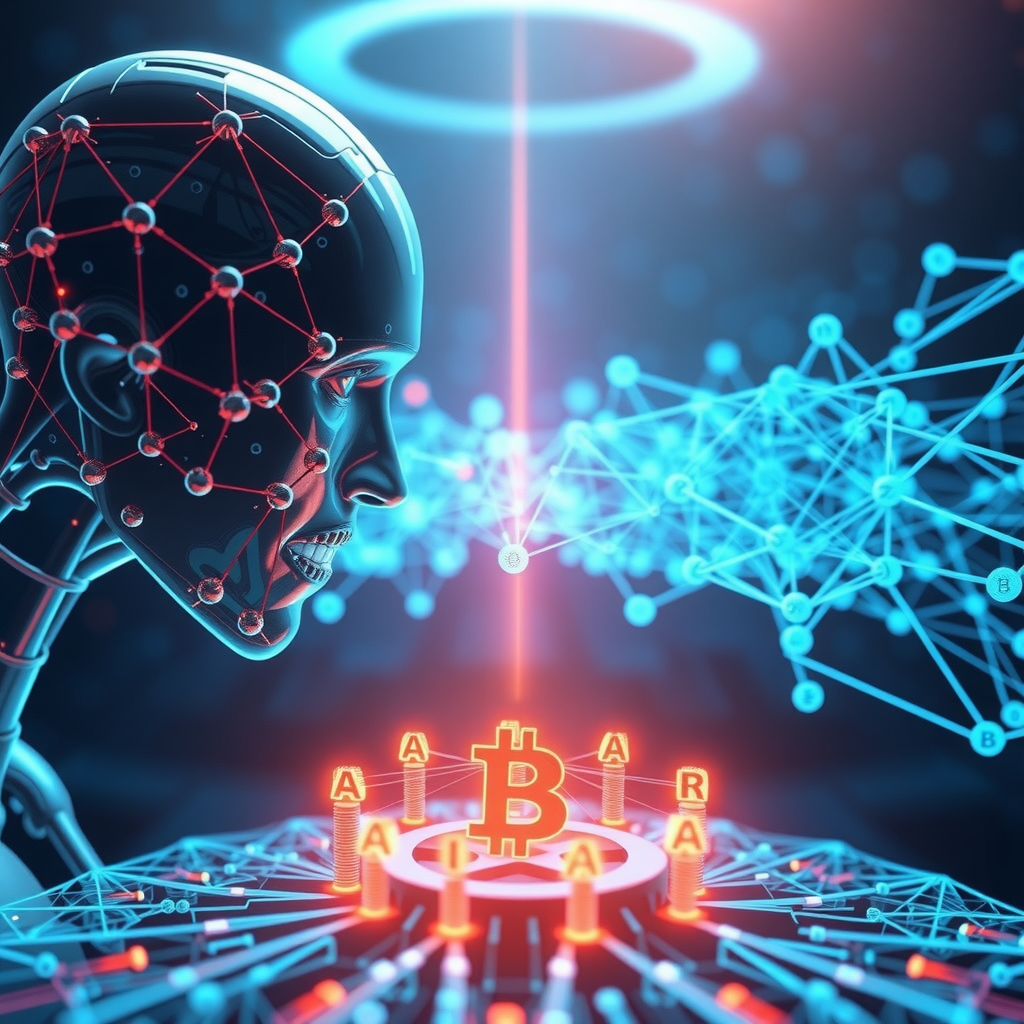 تصویری واقعی و باکیفیت که مفهوم تعامل عوامل هوش مصنوعی با بلاک‌چین را نشان می‌دهد، با جریان داده‌ها بین شبکه‌های عصبی و دفاتر کل توزیع شده. این تصویر باید پیچیدگی و فناوری پیشرفته را منتقل کند و شامل کلمات کلیدی هوش مصنوعی، رمزارز، بیت‌کوین، توکن، سرمایه‌گذاری باشد.