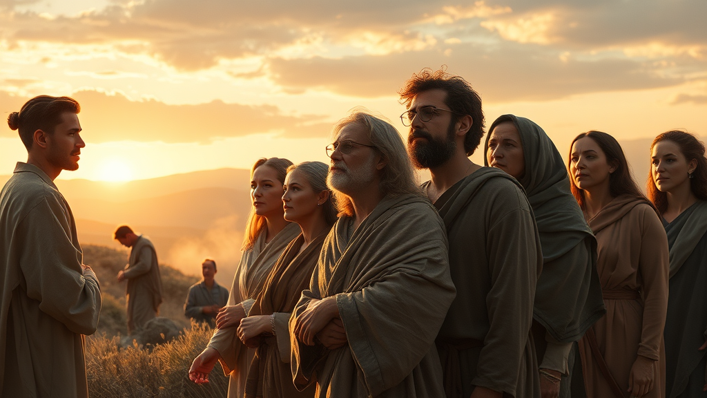 신앙과 희망을 상징적으로 표현한 다양한 사람의 사색적인 모습