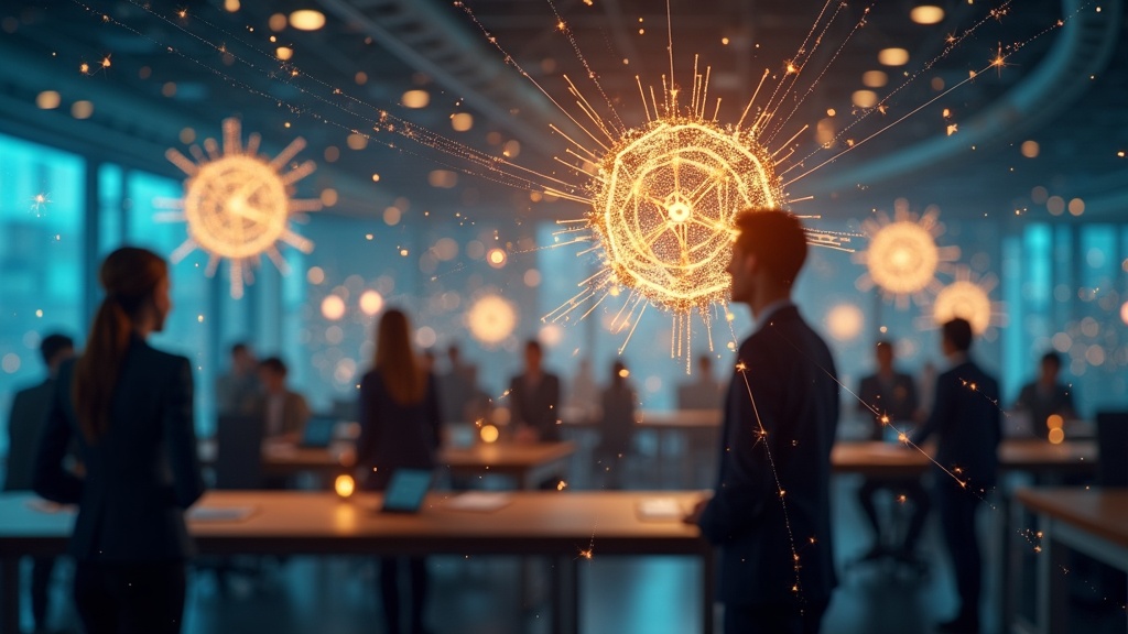 Un equipo de profesionales colaborando en un entorno de trabajo digital avanzado con agentes de IA.