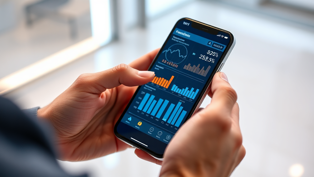 A person holding a modern smartphone, reviewing data and charts on the screen, with a futuristic, clean background. This image illustrates the depth of mobile phone reviews beyond mere specifications, focusing on user experience and data analysis.