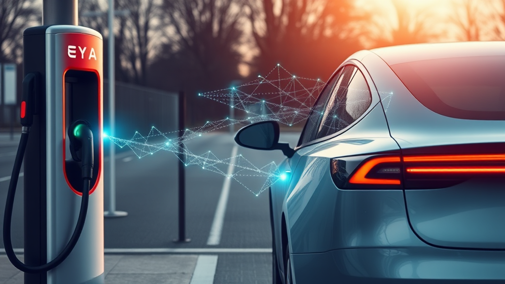 تصویری واقعگرایانه و باکیفیت از یک تسلا مدل Y در حال شارژ در یک ایستگاه شارژ، با لایهای ظریف که پیچیدگی اعتبارات مالیاتی خودروهای برقی و زنجیرههای تأمین باتری را نشان میدهد. تصویر باید نوآوری و ارتباطات جهانی را منتقل کند، در حالی که به چالشهای نظارتی برای اعتبار مالیاتی تسلا مدل Y نیز اشاره دارد.