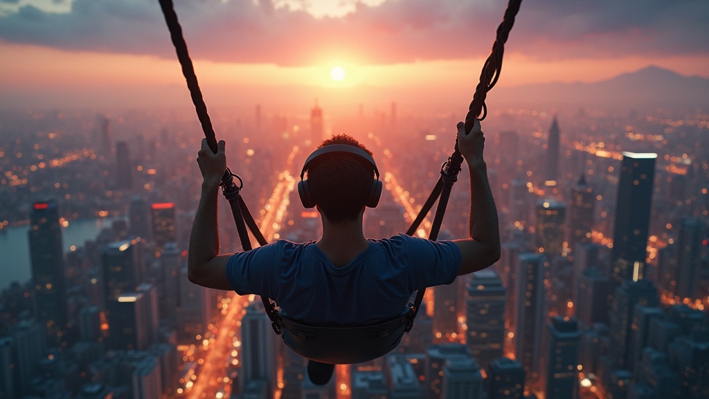 Un jugador sumergido en la Ultimate Booster Experience VR, viviendo una aventura de altura en Barcelona.