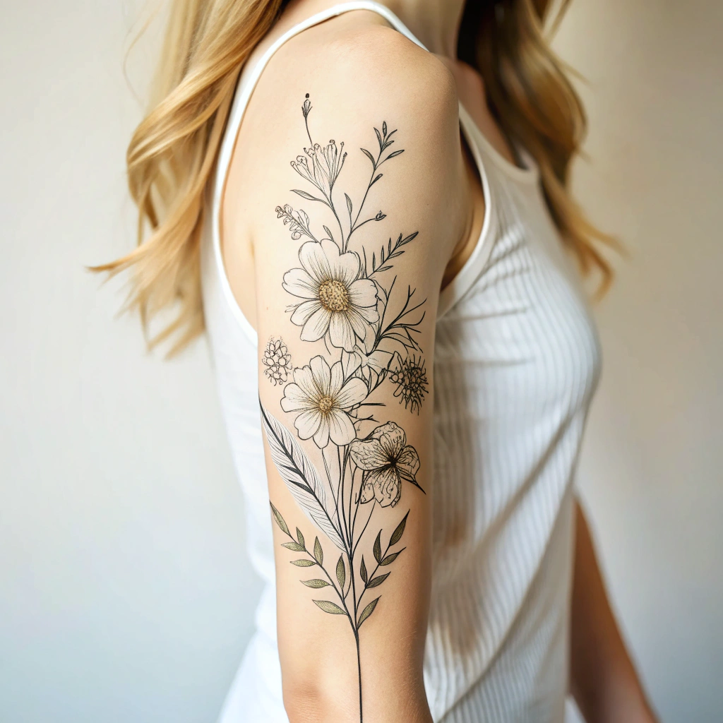 Elegant Fine Line Wildflower Tattoo for Women Elegant Fine Line Wildflower Tattoo for Women