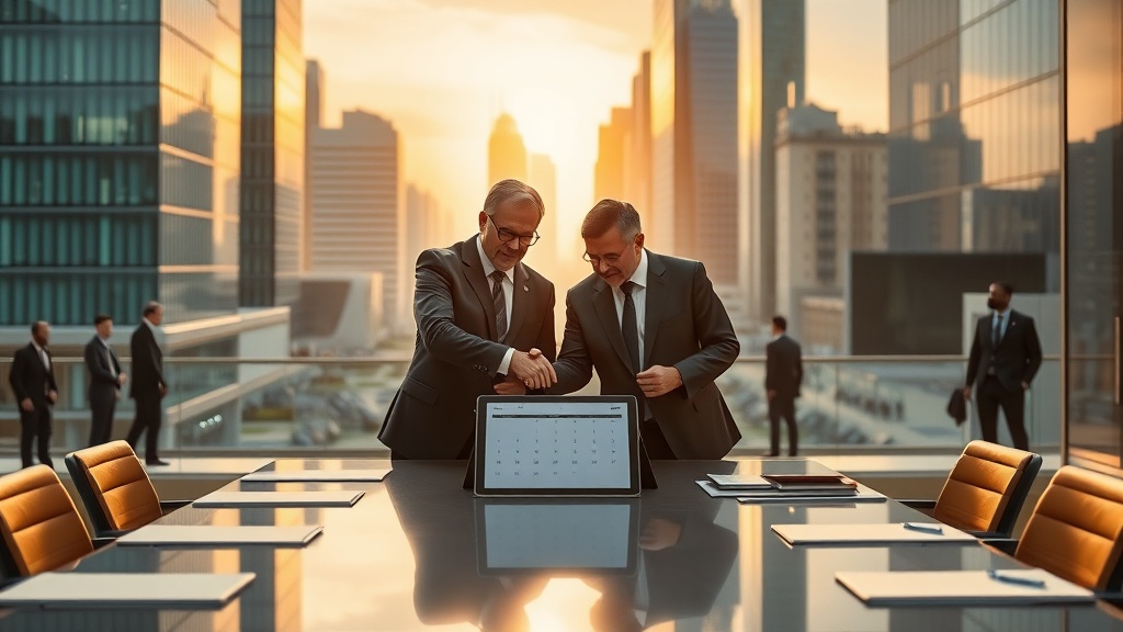 현대적 회담 장면을 담은 사진 같은 이미지, 정중한 악수와 협의의 순간