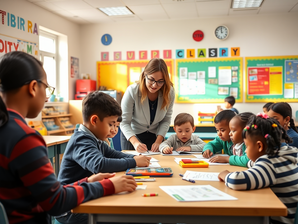 A female teaching assistant helping a group of young, diverse students in a bright and colourful UK primary school classroom.