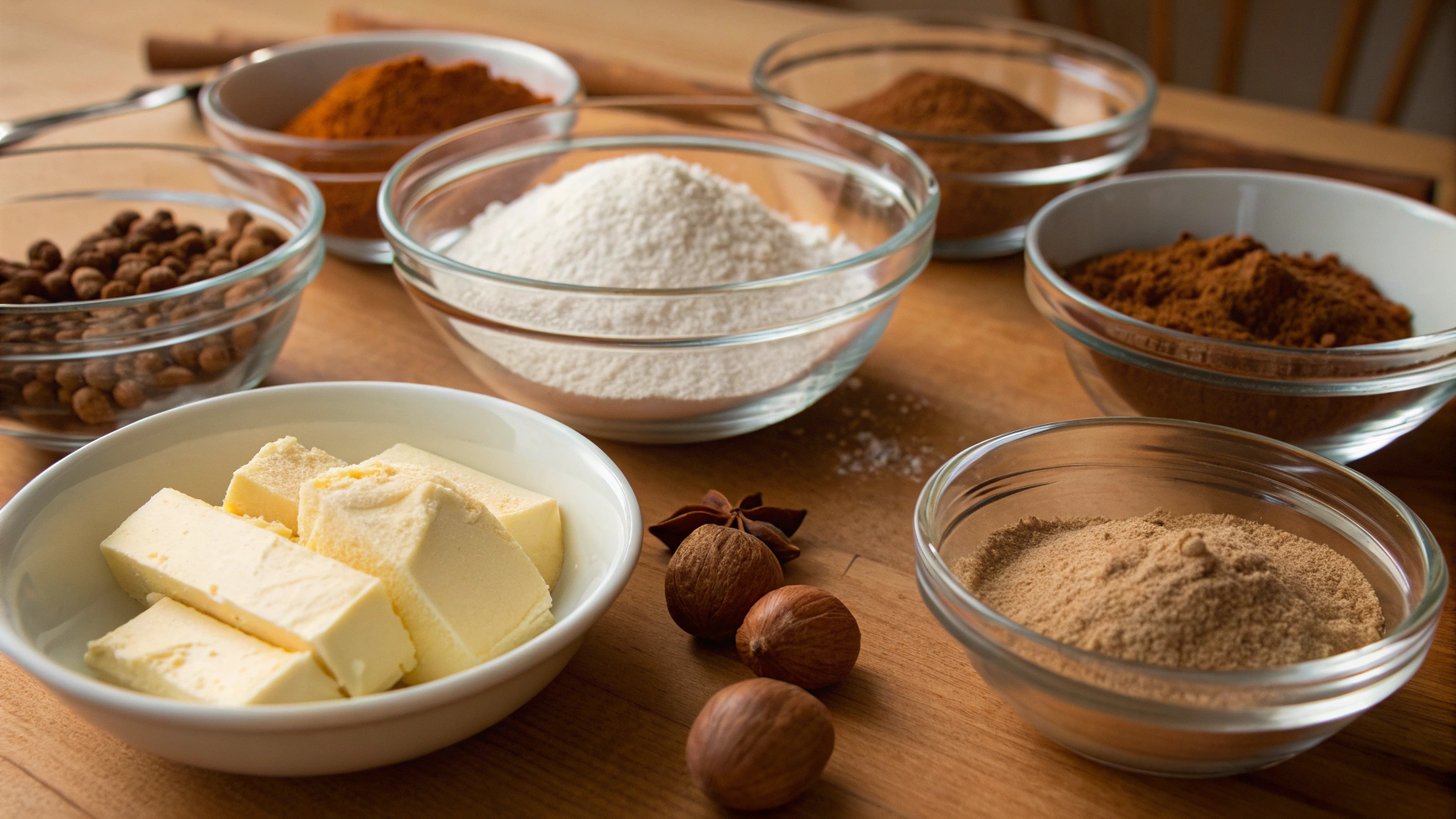 Speculaas ingredients laid out on a wooden surface, including flour, brown sugar, butter, and spices