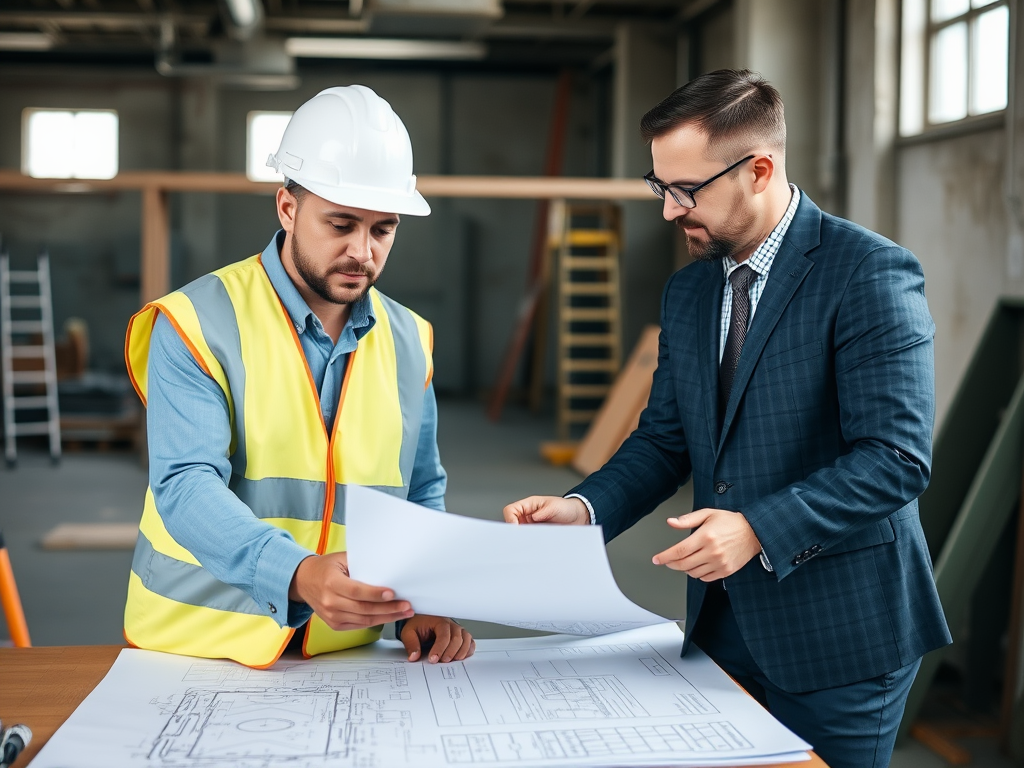 Construction Staffing Services 2 Professional construction staffing consultation meeting with a site manager and Quick Placement representative reviewing blueprints and staffing plans