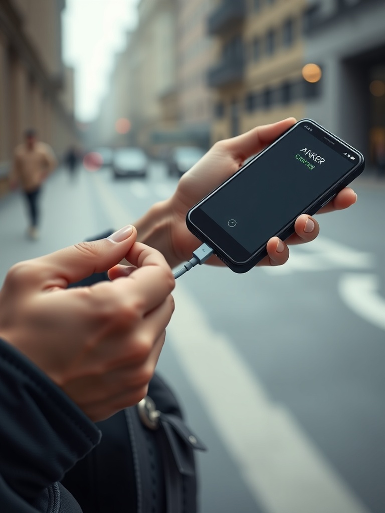 شارژر همراه انکر در حال شارژ گوشی در محیط شهری
