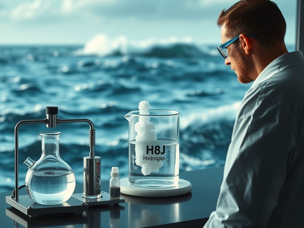 A scientist in a lab coat observing a setup with bubbling water in a beaker, representing hydrogen extraction from seawater, with ocean waves in the background. This clean energy breakthrough is revolutionary.