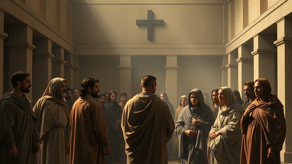 다빈치 스타일의 조용한 회중이 안뜰에 모여 진리와 화해를 찾는 장면