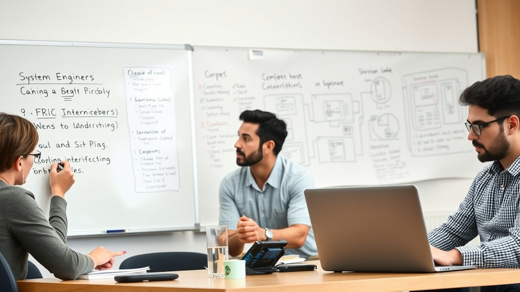 تصویری واقع‌گرایانه و با کیفیت از گروهی از مهندسان نرم‌افزار در حال مصاحبه‌های فنی، شامل کدنویسی روی وایت‌بورد، بحث درباره معماری سیستم و چالش کدنویسی روی لپ‌تاپ، که فضایی حرفه‌ای و متمرکز را در مصاحبه‌های فنی نشان می‌دهد.