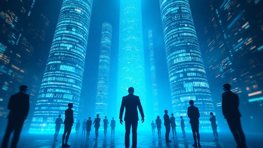 Visualización abstracta de redes neuronales sobre un fondo de datos financieros, representando el impacto de la IA del BBVA en el sector financiero y la competencia bancaria.