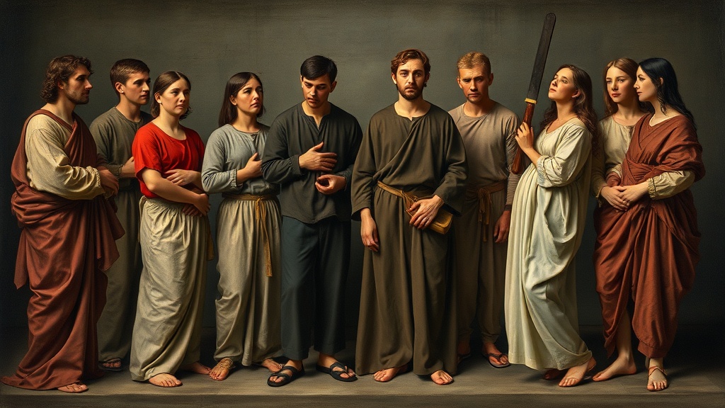 Renaissance-style tableau of young adults in functional garments engaged in shared tasks within a serene architectural courtyard