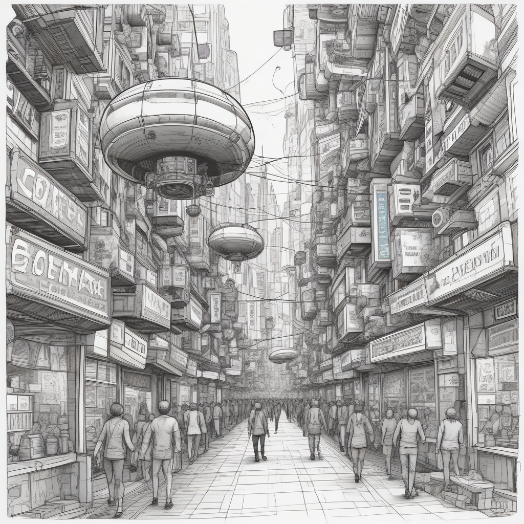 A bustling street scene in the heart of Bastion, where citizens of all races and backgrounds mingle amidst a dizzying array of holographic advertisements, levitating transport pods, and the occasional flare of arcane energy.