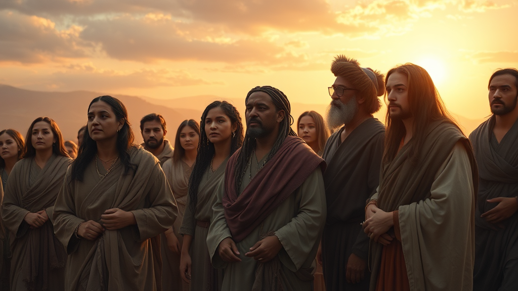 다양한 사람들의 모임이 자연 속에서 신앙의 연합과 인내를 상징적으로 표현한 장면