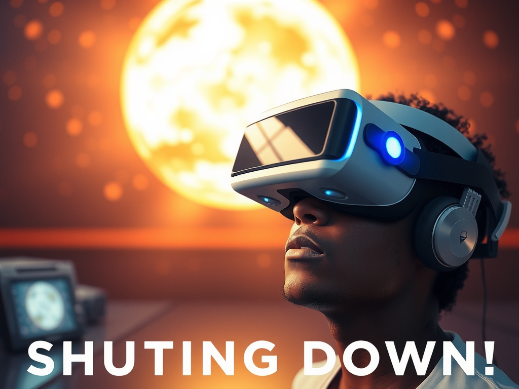 A virtual reality player looking disappointed as their favorite game, Echo VR, is shutting down. The player is wearing a VR headset and the virtual world around them is fading away, symbolizing the end of the game. The scene is realistic and high-quality, capturing the emotional impact of the shutdown.