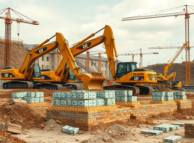 A construction site with various Caterpillar heavy machines working. The machines are building a foundation, and money is being laid down like bricks. Represent the giant's work and building wealth for investors. Solid and constructive feeling.
