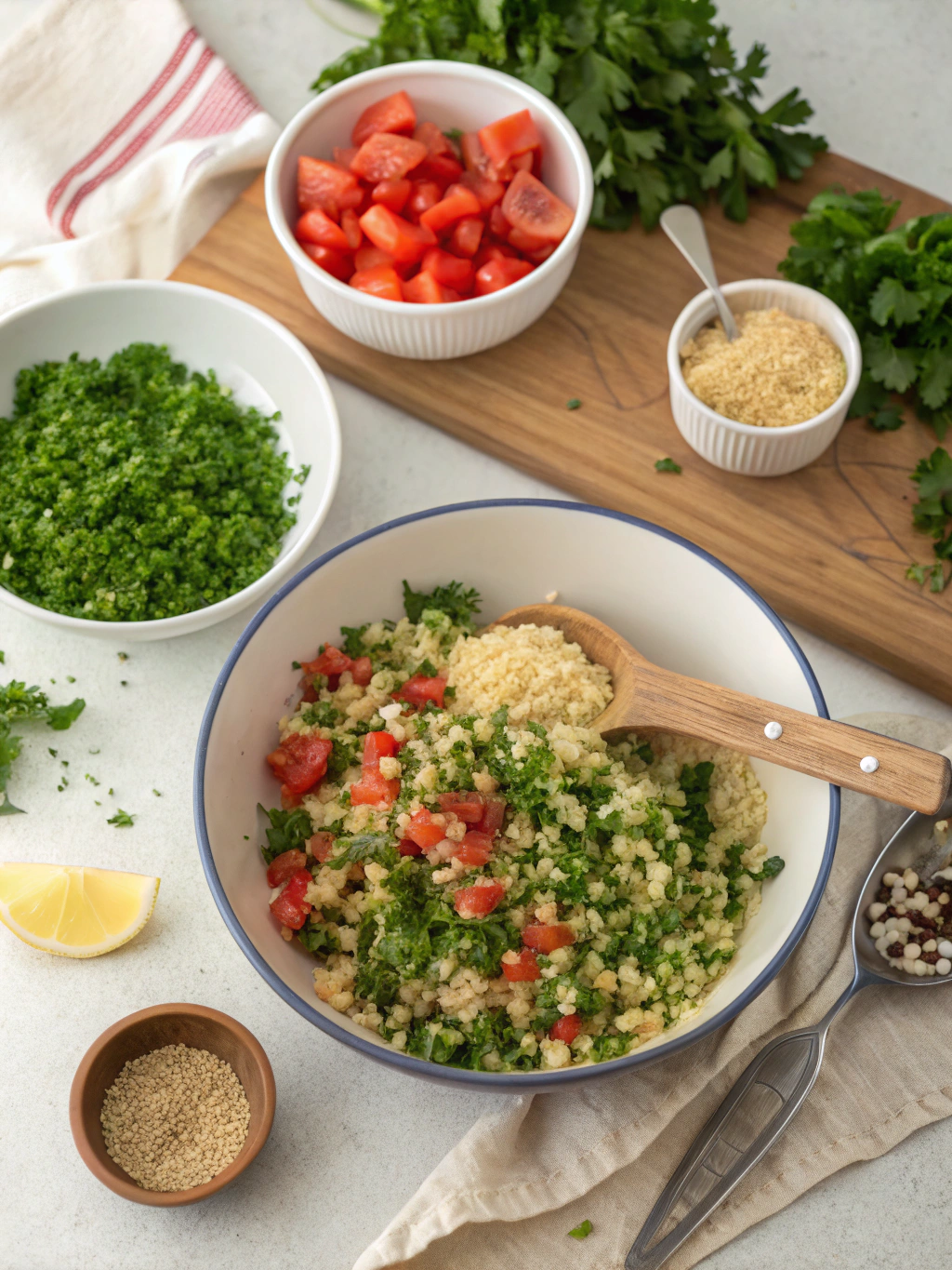 Preparing tabouli mix in bowl