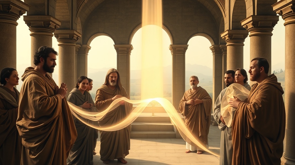 빛나는 악보의 흐름을 바라보는 이상화된 인물들이 있는 서사적 그림