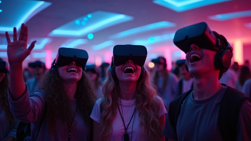 Grupo de amigos disfrutando de experiencias realidad virtual Barcelona en el centro Virtua.